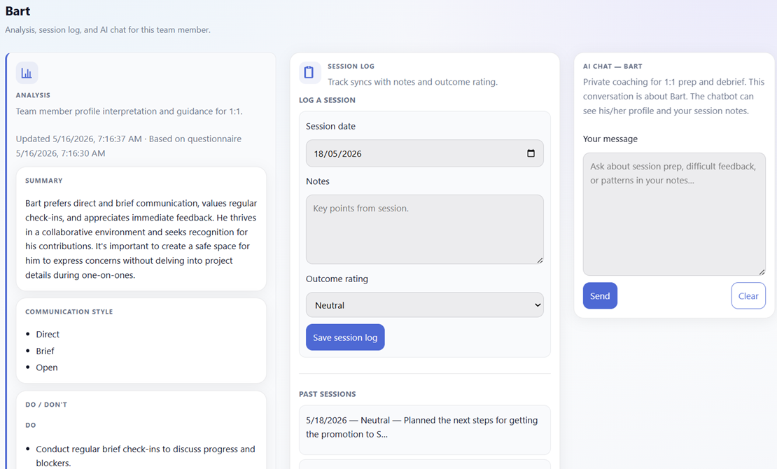 Manager view: AI analysis, session log, and AI assistent chat for 1-on-1 preparation